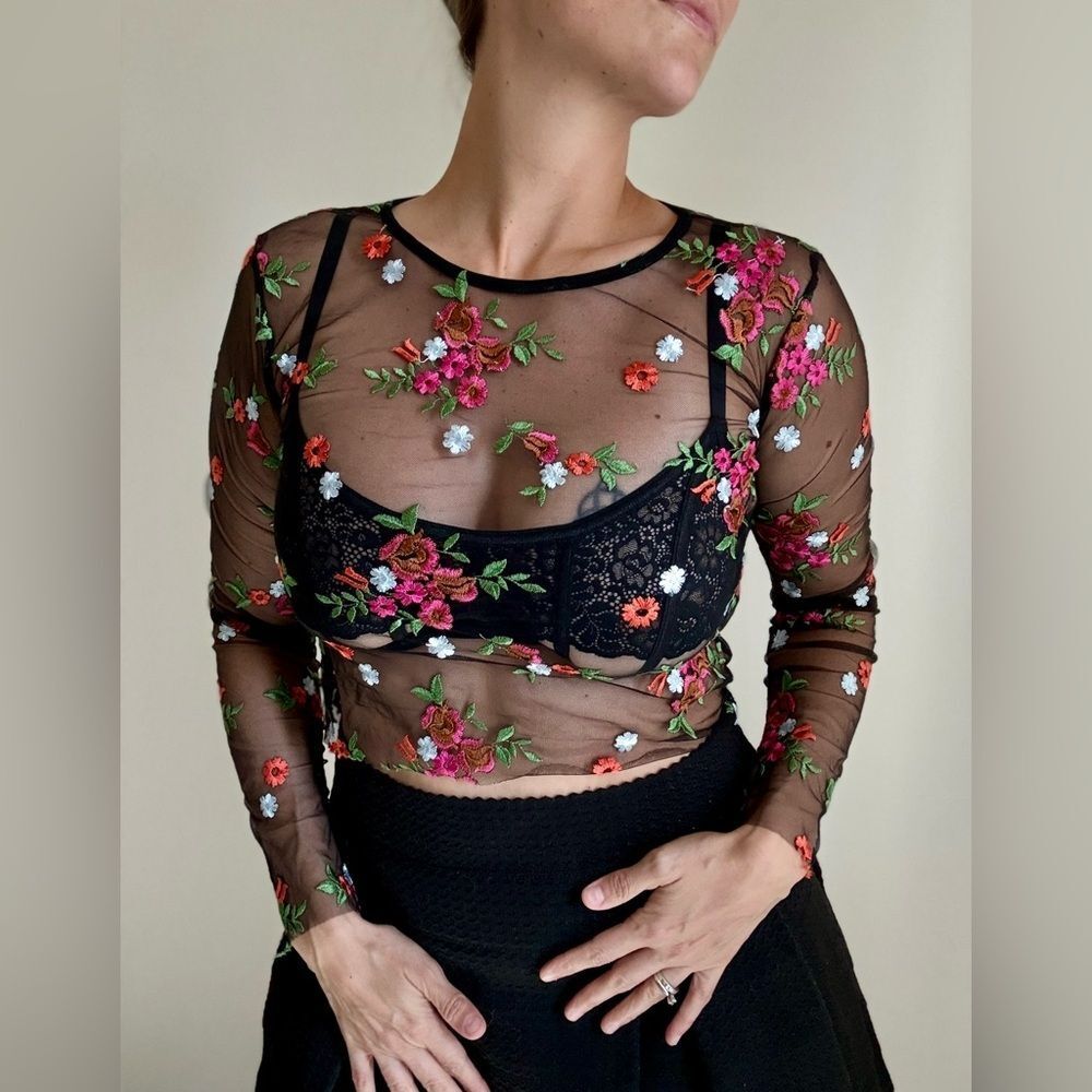 Urban Outfitters Black Mesh Sheer Top Floral Embroidered Feminine Edgy